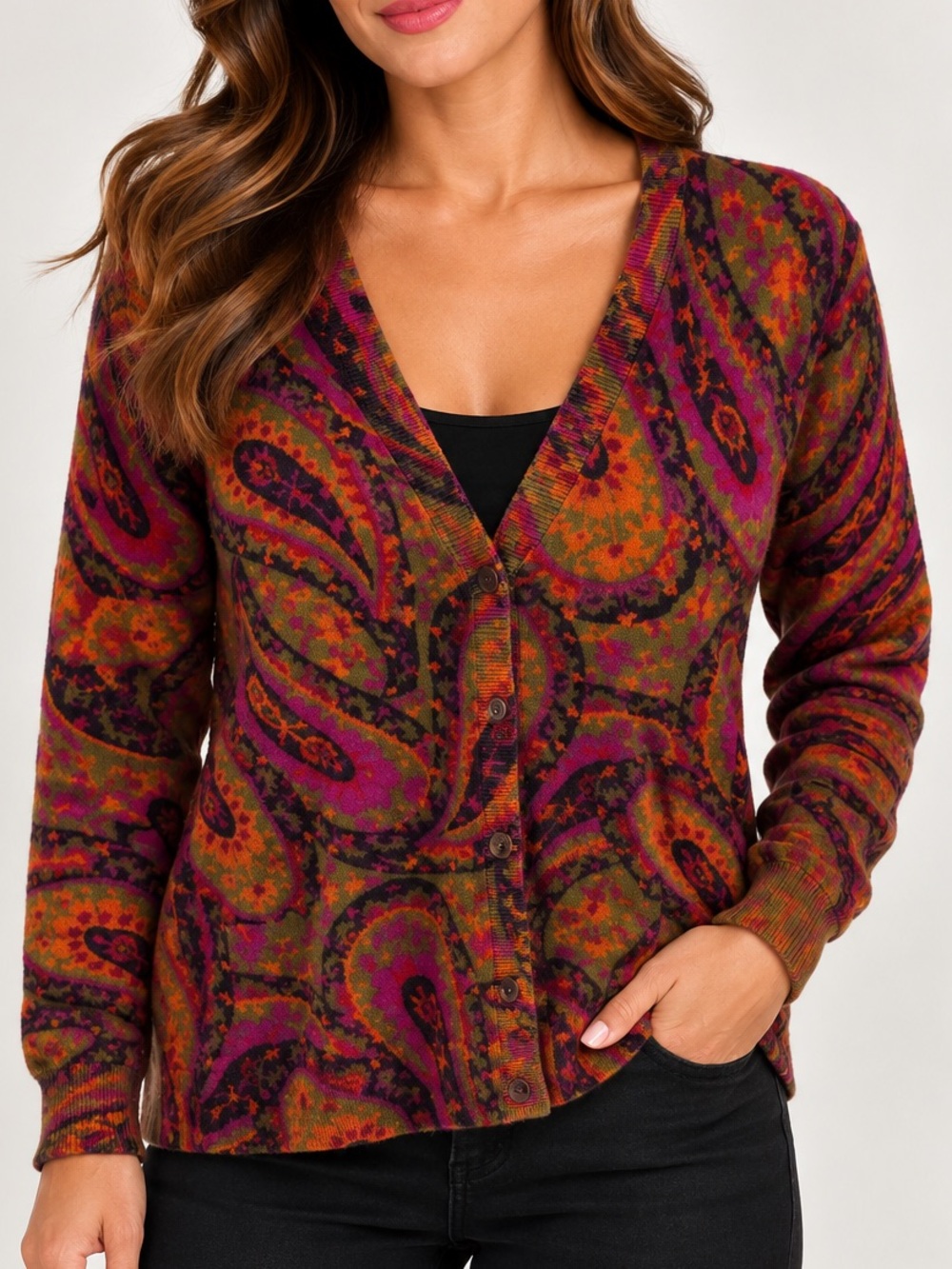 V-Neck Paisley Button-Front Sweater Cardigan